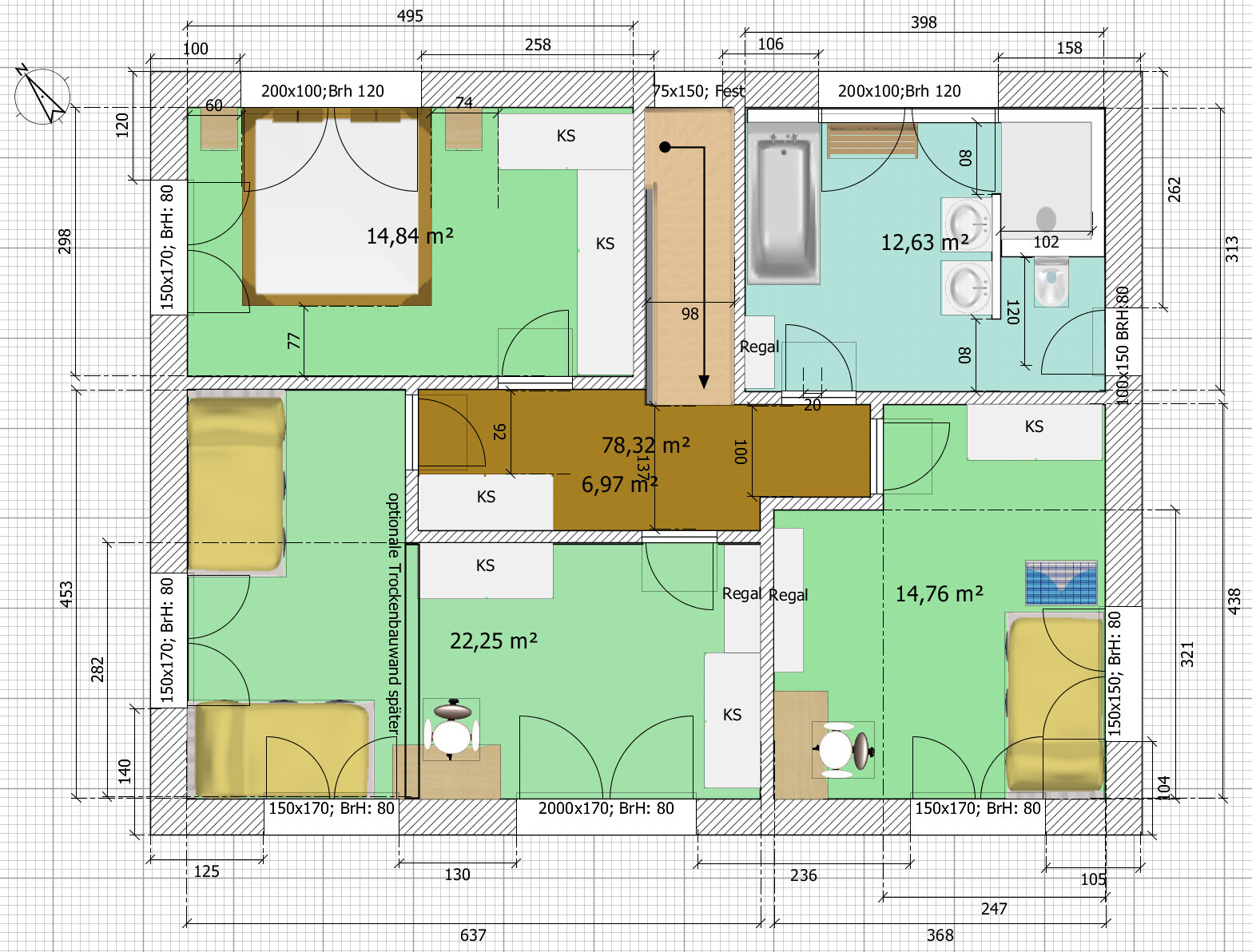 Detailed floor plan of an apartment with bedrooms, kitchen, bathroom, and living room.