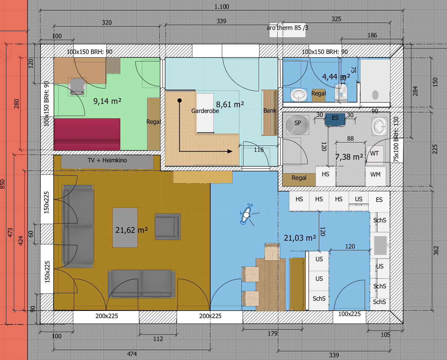 Floor plan of an apartment: living room, kitchen/dining area, bedroom, bathroom, and wardrobe with furniture.