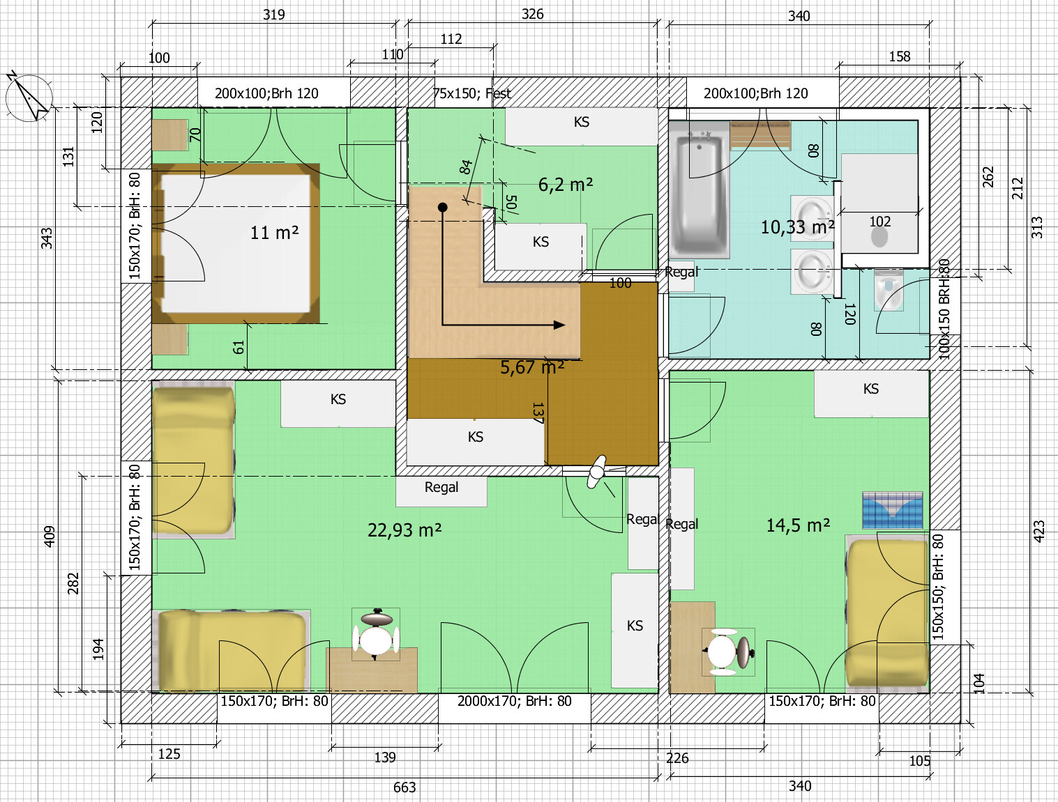 Floor plan of an apartment with bedrooms, living/dining area, kitchen, and bathroom