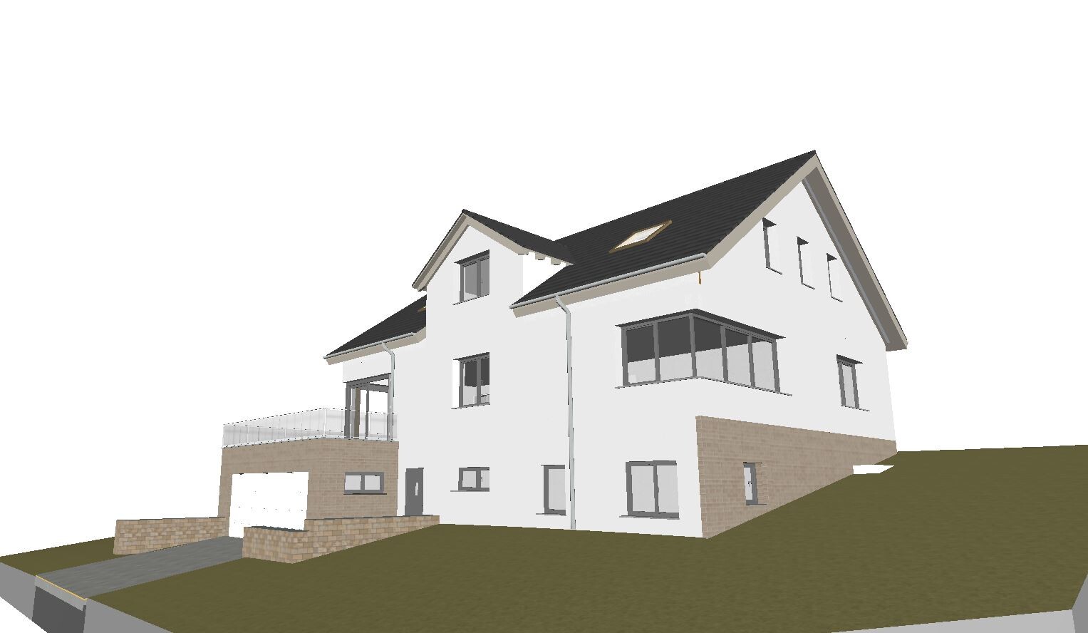 Multi-story white house with dark pitched roof on a slope and garage.