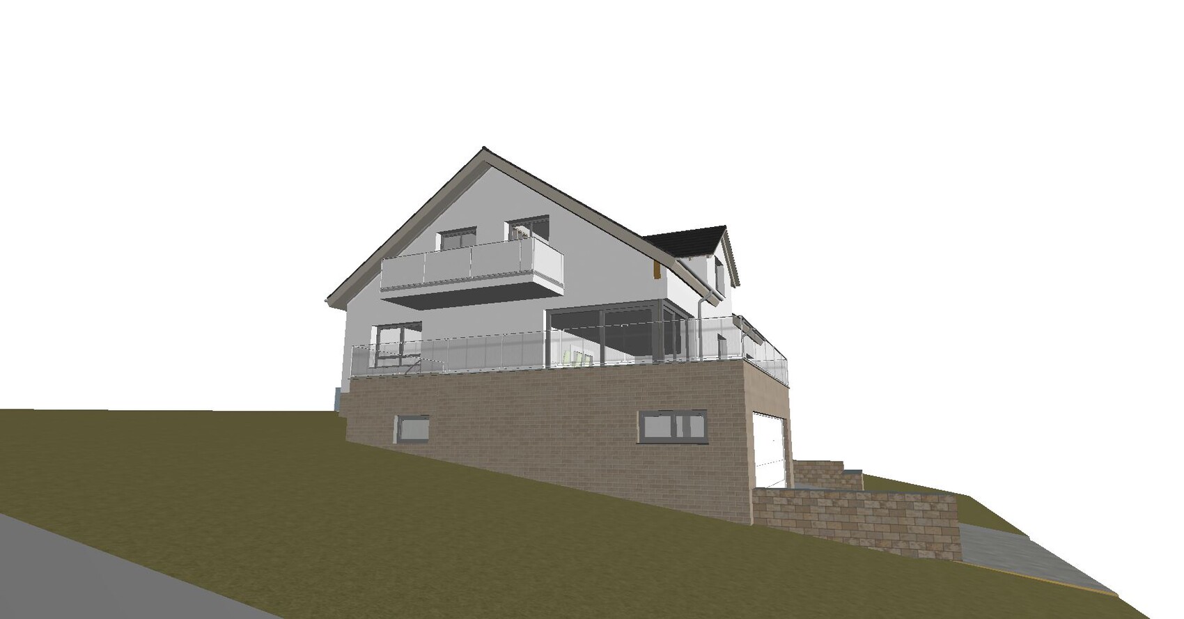 Multi-story house on a slope with terrace, glass railing, and garage