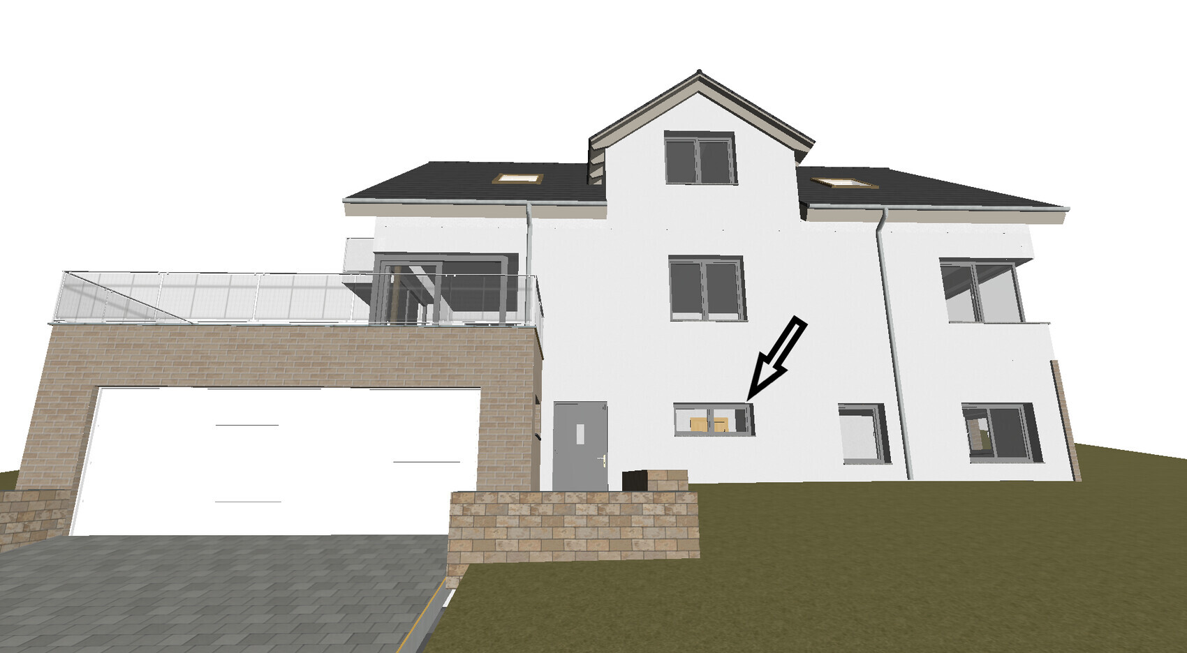 Multi-story white house with garage on the left, terrace and arrow pointing to window.