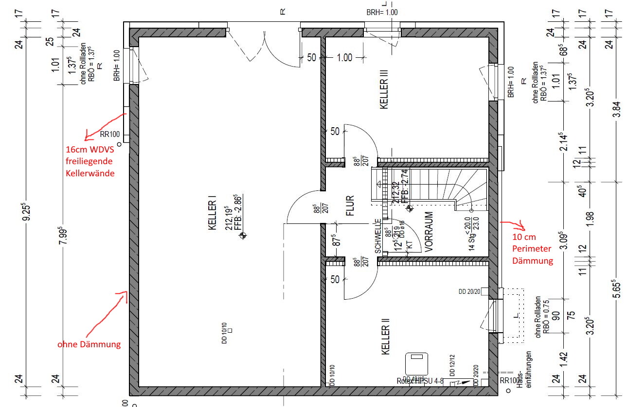 Basement floor plan: two basement rooms, corridor, staircase, wall thicknesses and insulation.