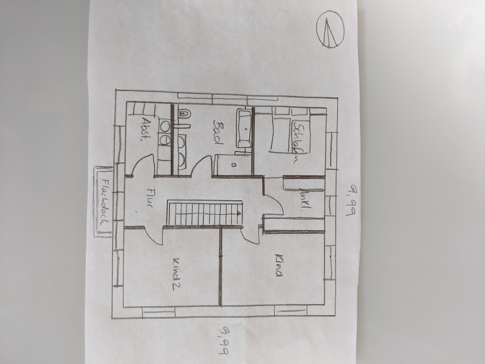 Sketch of a house floor plan: hallway, kitchen, bathroom, bedroom, and other rooms.