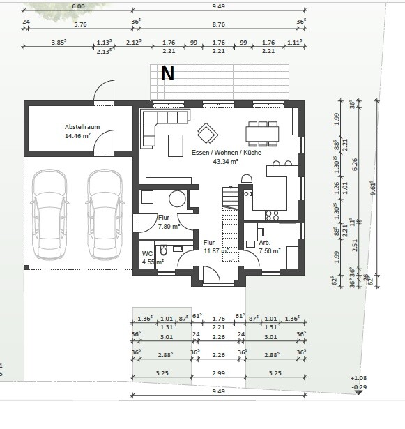Grundriss: Garage, Abstellraum, Flur, WC, Arbeitszimmer, Essen/Wohnen/Küche (43.34 m²)