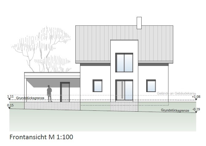 Frontansicht eines modernen Hauses mit Garage, Baum links, Person am Eingang, Grundstücksgrenze.