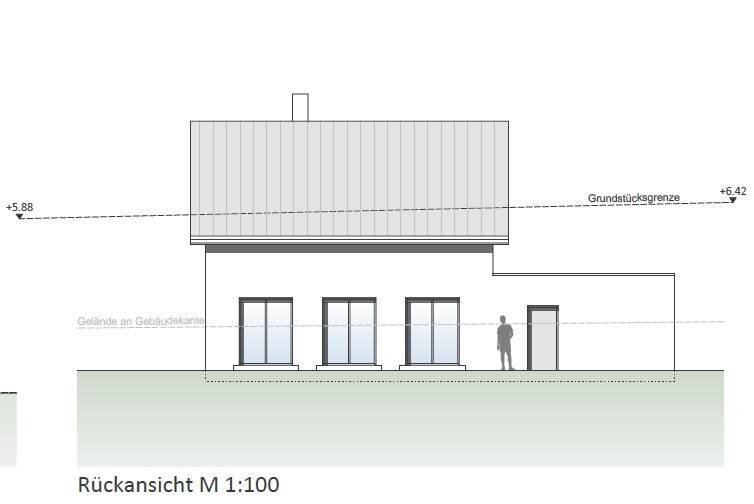 Rückansicht eines Hauses: Dach, drei Fenster, Tür, Mensch als Maßstab, Grundgrenze.