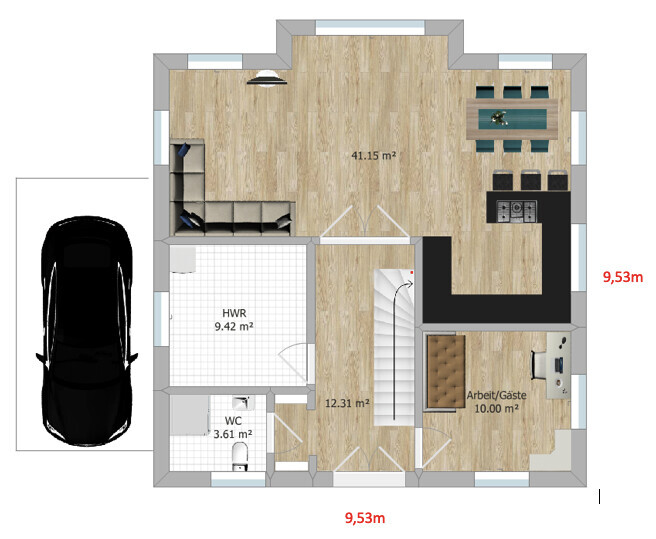Floor plan of a house with open living/dining area, kitchen, office, hallway, utility room, WC; car on the left