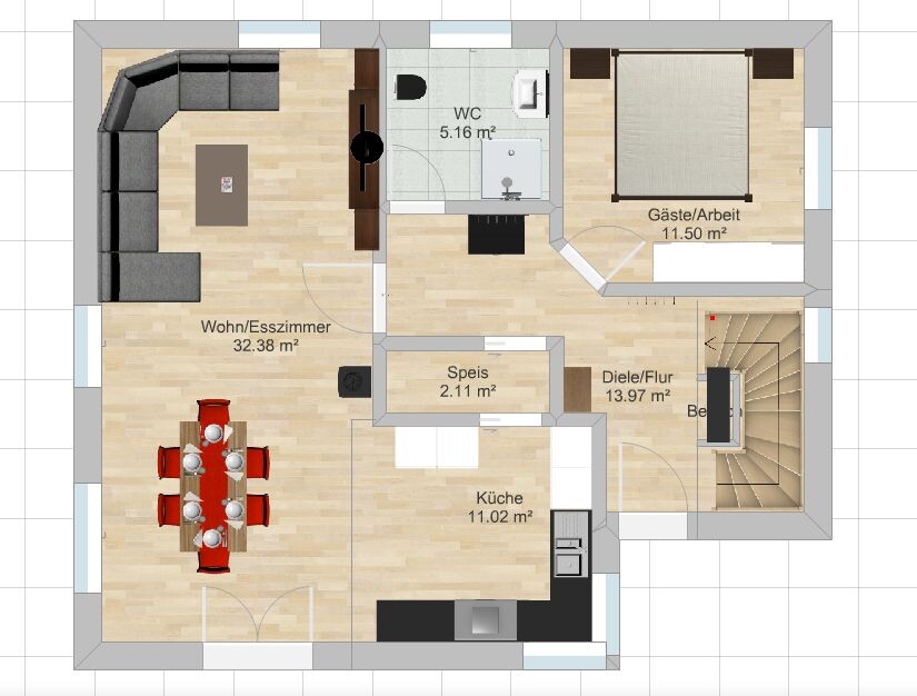 Floor plan of a house with living and dining room, kitchen, WC, pantry, hallway, and corridor