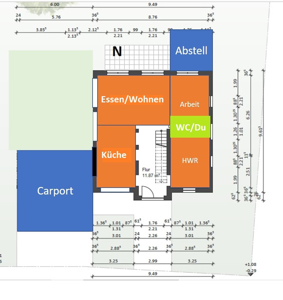 Floor plan of a house with carport, kitchen, dining/living, utility room, bathroom/shower, study, storage.