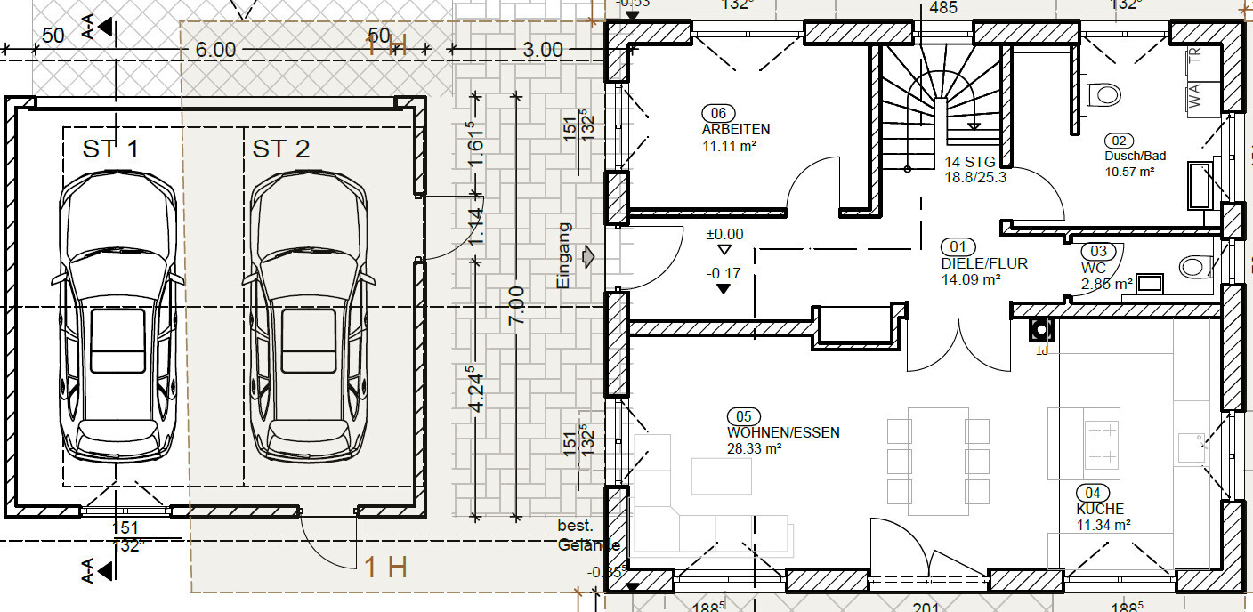 Floor plan of a house: double garage on the left, entrance area, hallway, living/dining, kitchen, bathroom, toilet.
