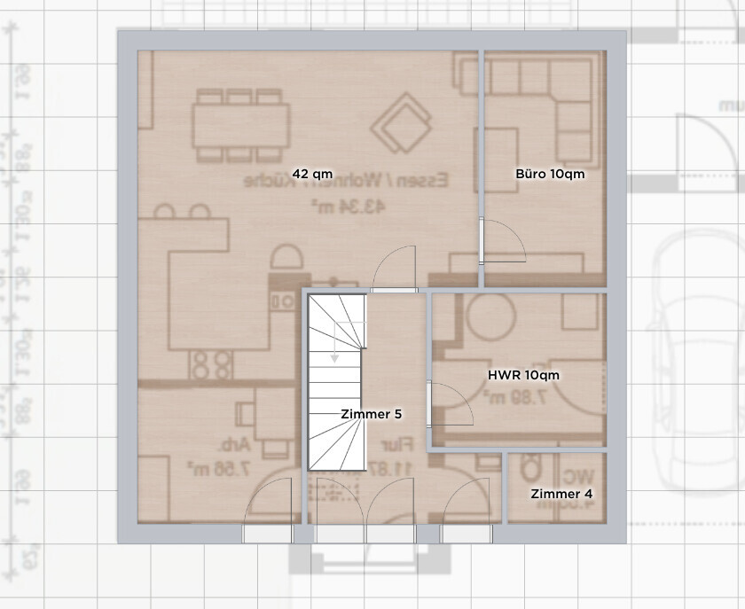 Floor plan: 42 sqm (452 sq ft) living/dining area on the left, office 10 sqm (108 sq ft) top right, utility room 10 sqm (108 sq ft), room 4/5, staircase.