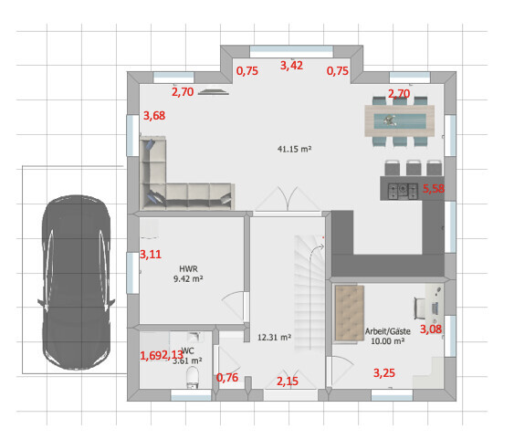 Oberer Grundriss eines Hauses: Wohnzimmer links, Küche mit Essbereich rechts, HWR, WC; Auto davor.