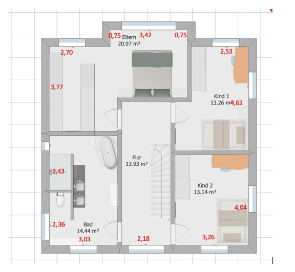 Grundriss eines Hauses: zentraler Flur mit Treppe, Bad links, Schlafzimmer oben, Kind 1/2 rechts.