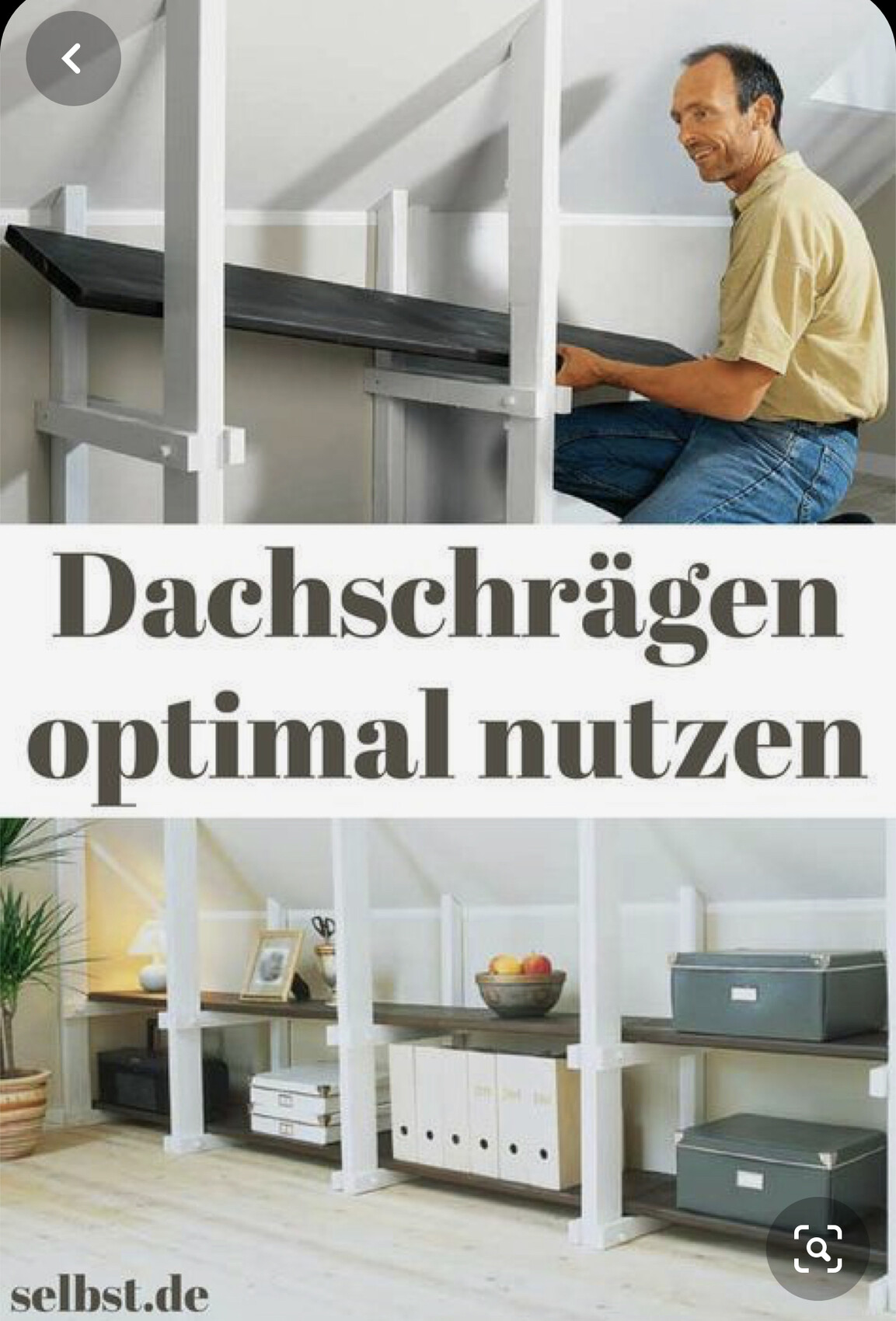 Man installing a white shelving unit beneath a sloped ceiling to create storage space.