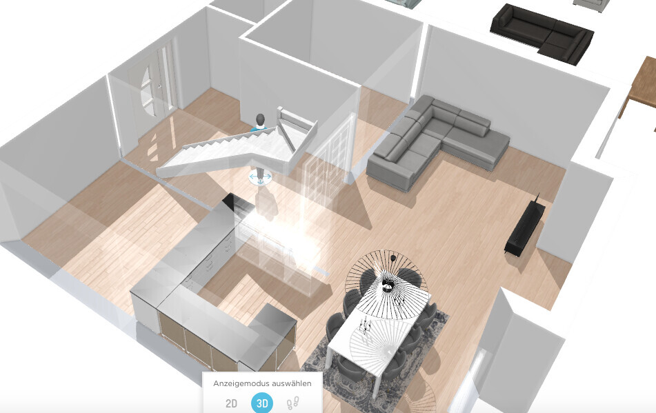 3D rendering of an open living, dining, and kitchen area with stairs and sofa.