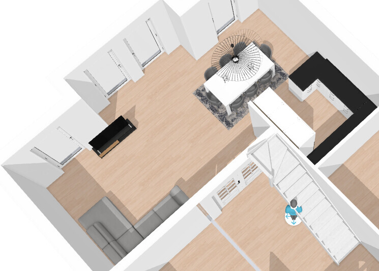 3D floor plan of an open living and dining area with sofa, piano, dining table, kitchen, and stairs.