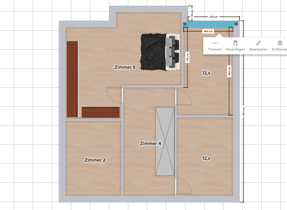 Floor plan of an apartment with rooms 2, 4, 5; bed in room 5; two rooms 12.x.