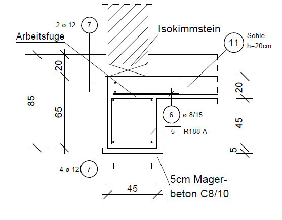 Technical drawing of a wall construction with Isokimm block, footing, and construction joint