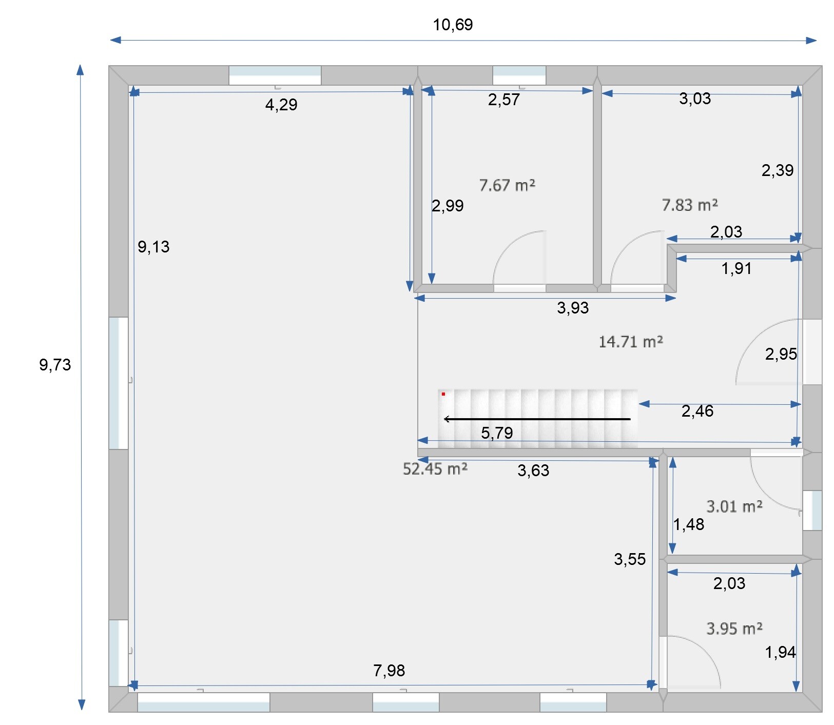 Floor plan of an apartment with several rooms, doors, stairs and measurement details in meters.