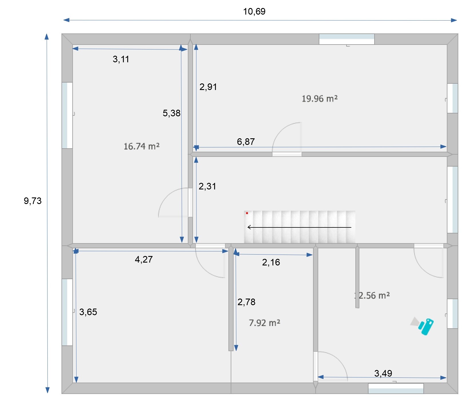Floor plan of a house with several rooms, doors, stairs and area details in sqm.
