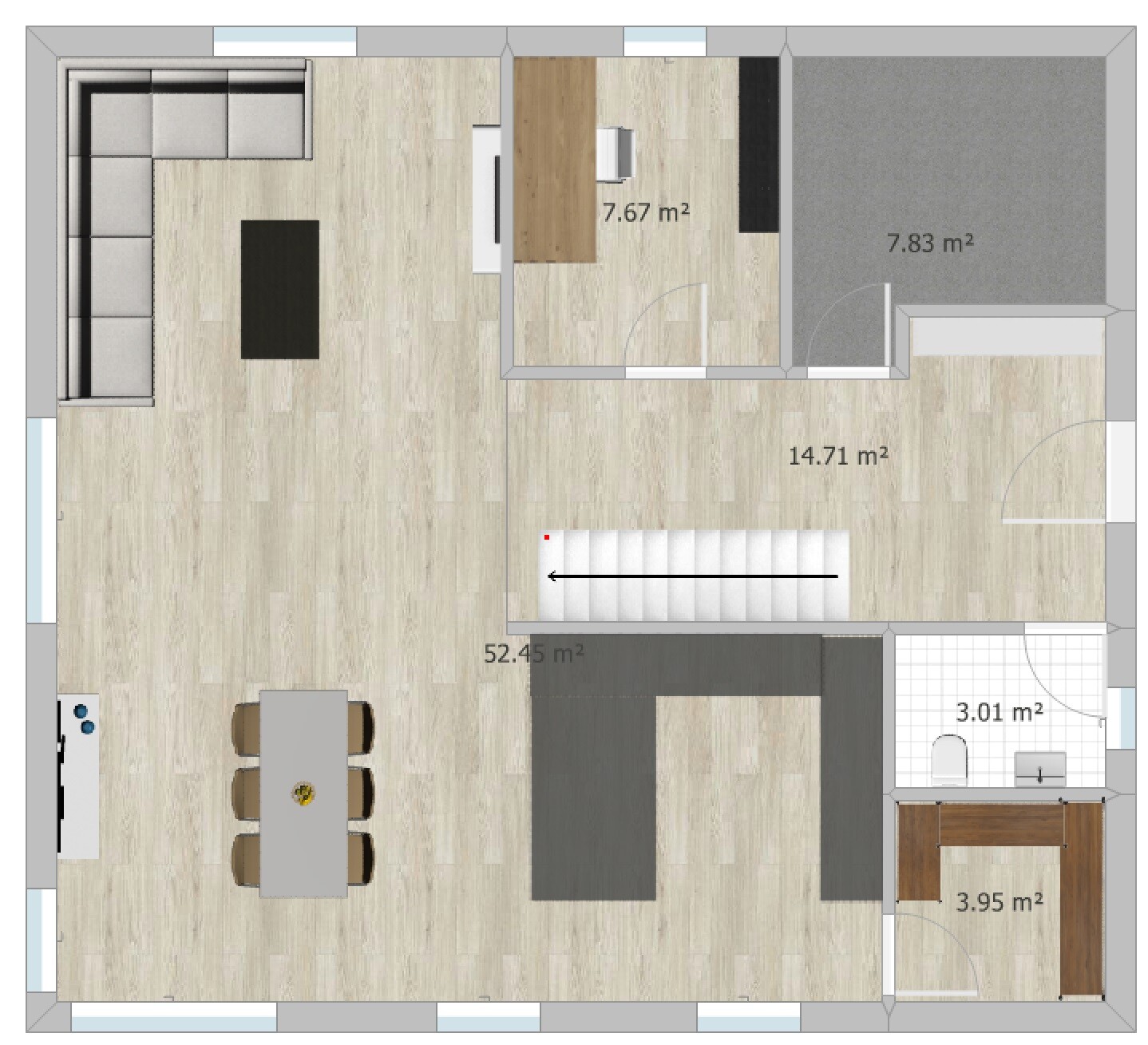 Top-down floor plan: open living/dining area with kitchen, dining table, corner sofa, stairs; several rooms.