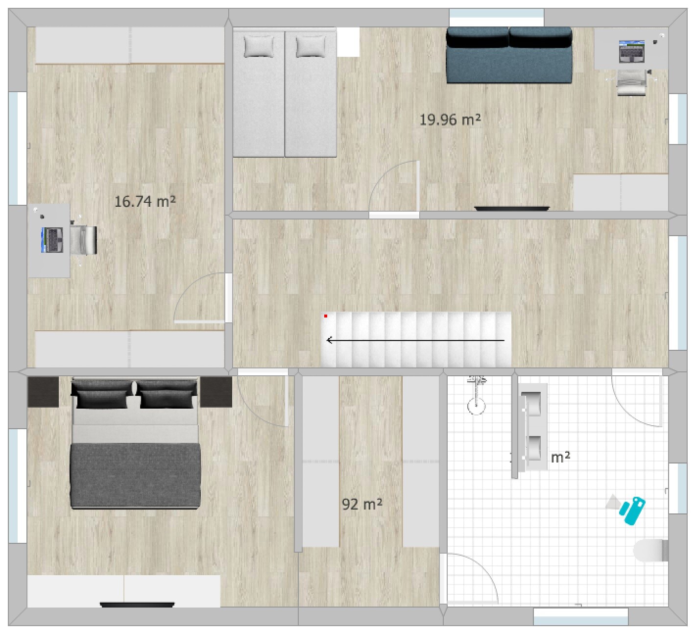 Floor plan of an apartment with bedroom, office, living room, kitchen, bathroom and stairs.