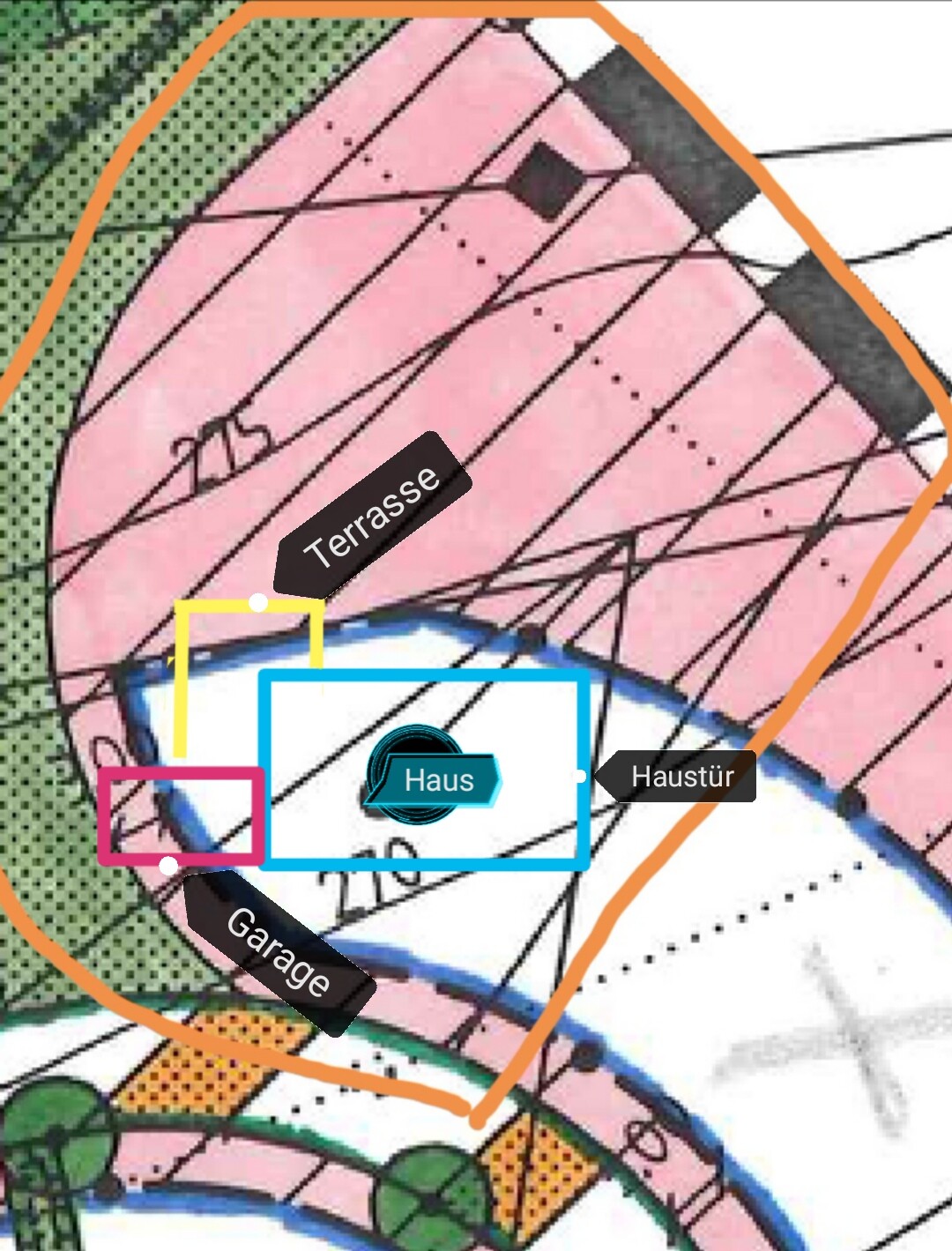 Site plan of a property: house marked in blue, terrace, garage, and front door.