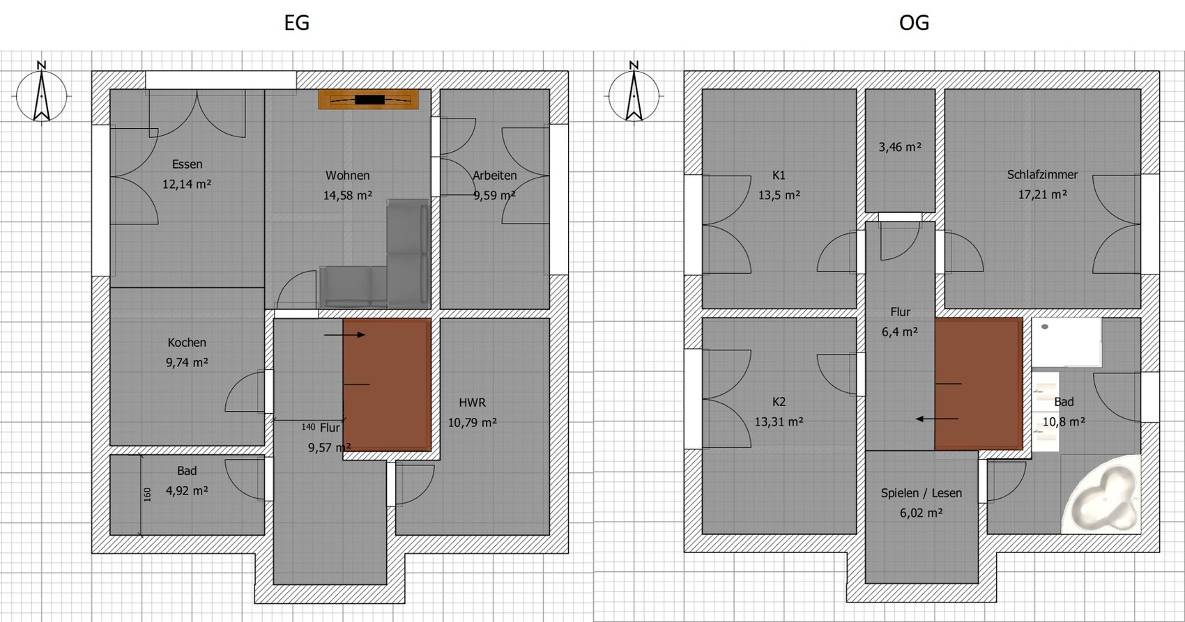 Two-story floor plan with ground floor/upper floor, kitchens, living, dining, sleeping, bathroom, hallway.