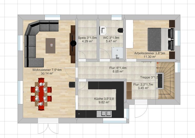 2D floor plan of a house with living room, kitchen, hallway, office and bedroom