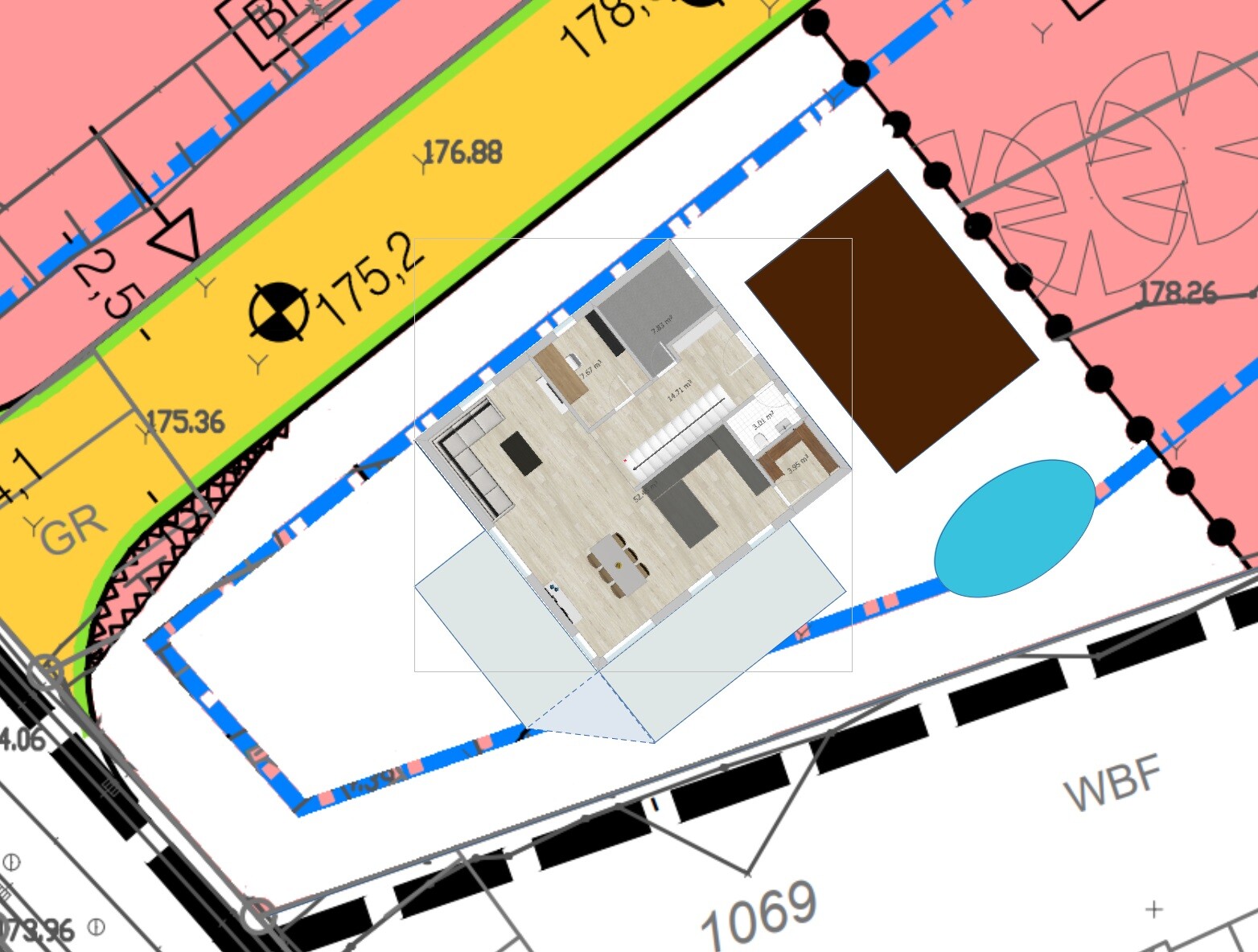 Lageplan mit farbigen Zonen; darüber ein schräger 3D-Wohnungsgrundriss mit Möbeln.