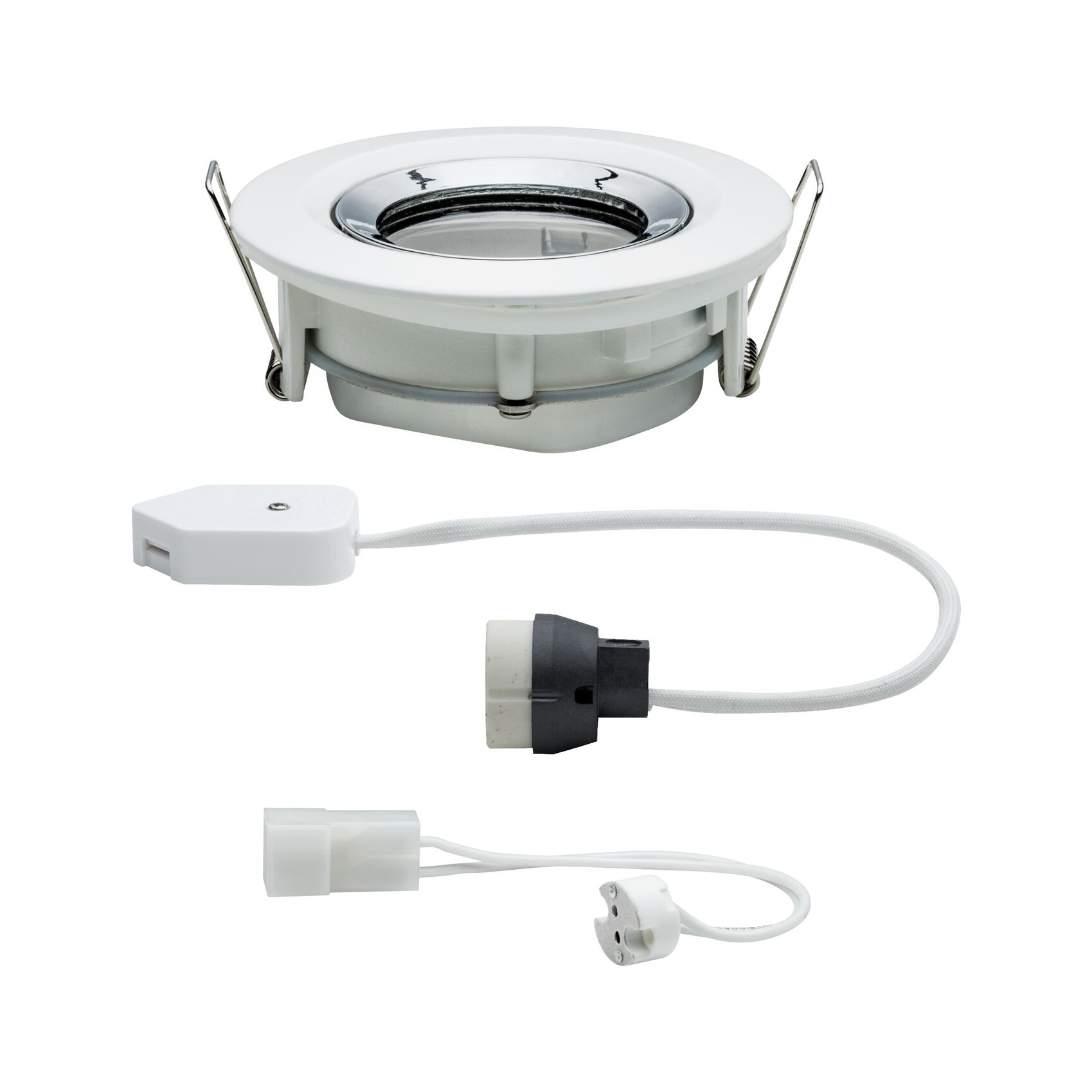 White round recessed downlight with clips, cable, and plug connections.