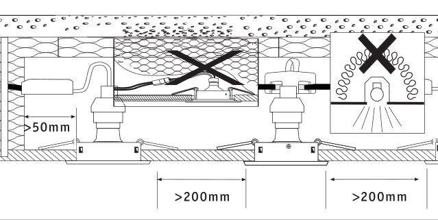 Technical drawing: two brackets, hoses/cables, X markings, spacing >200 mm