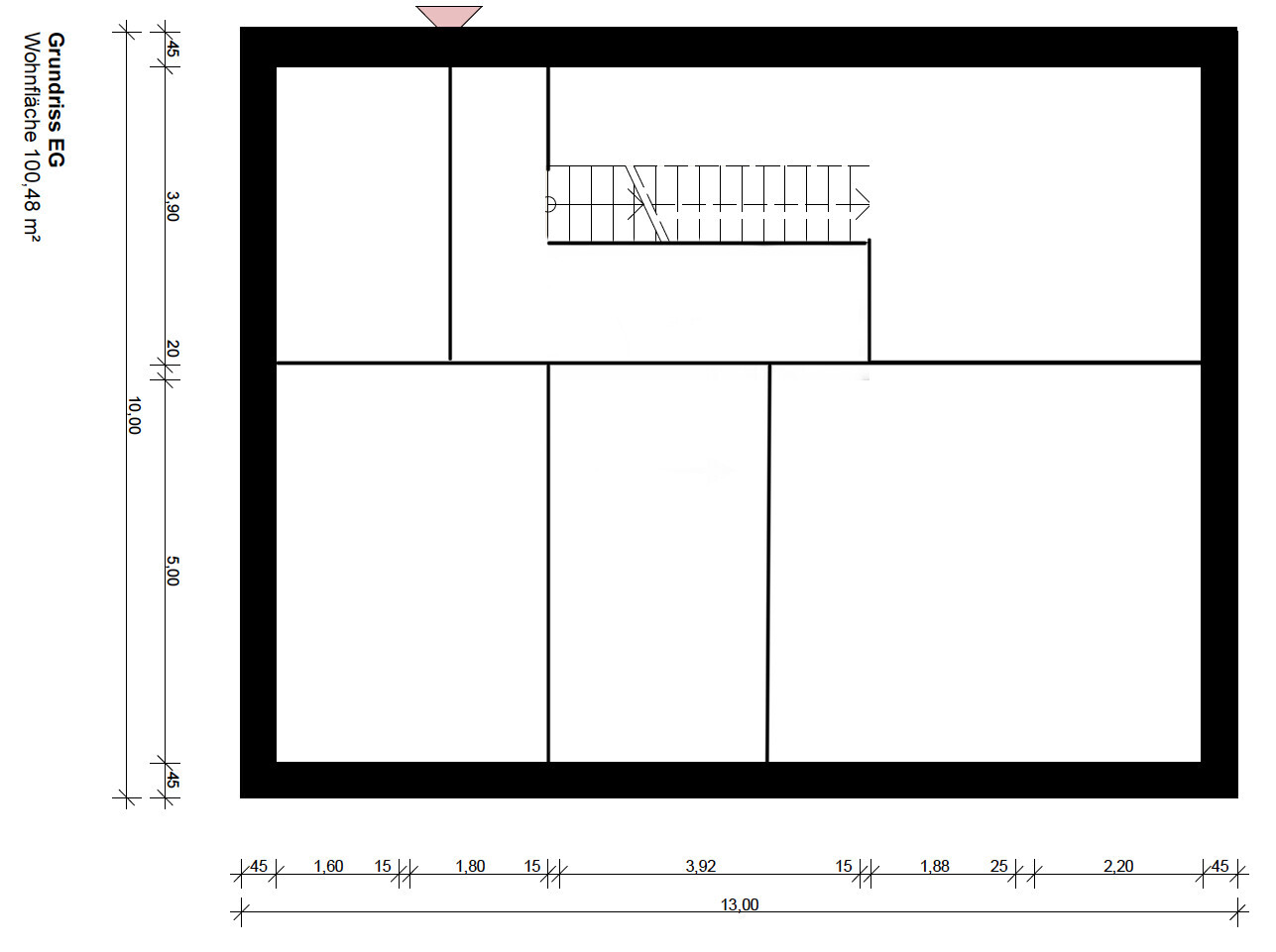 Ground floor plan with stairs, interior walls and dimensions in a black frame.