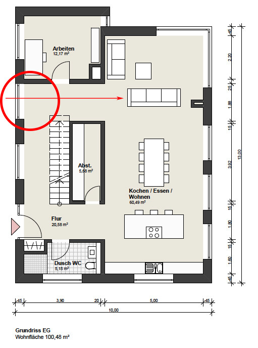 Ground floor layout: open kitchen/dining/living area, hallway with stairs, shower WC, storage room, office.