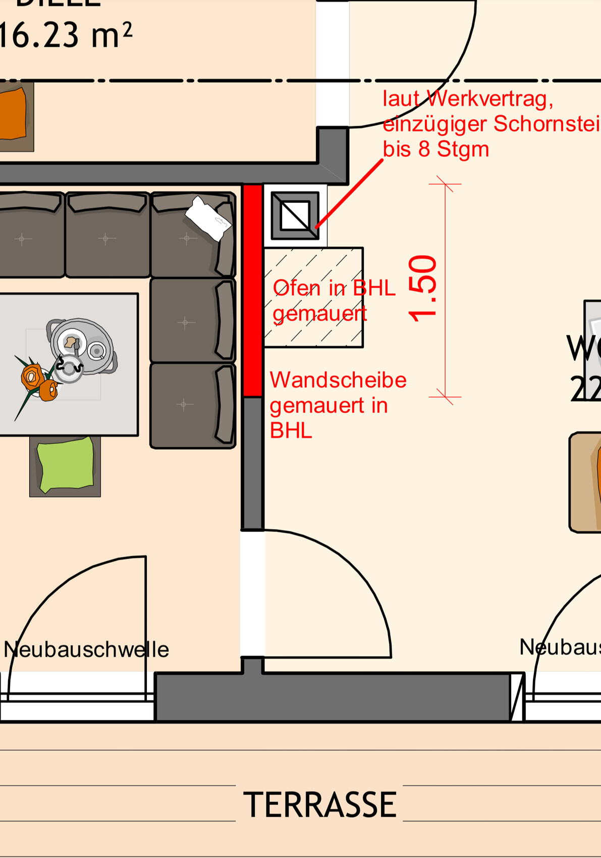 Detailed floor plan of a new build living area with terrace, sofa, and open kitchen.