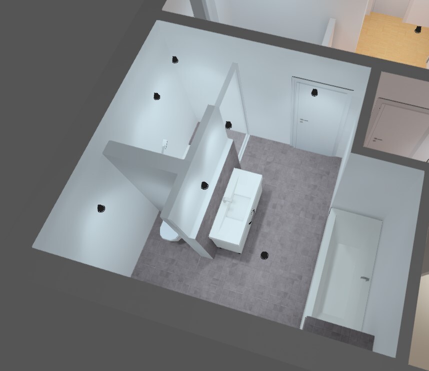 3D bathroom with sink, bathtub, and door, floor plan view