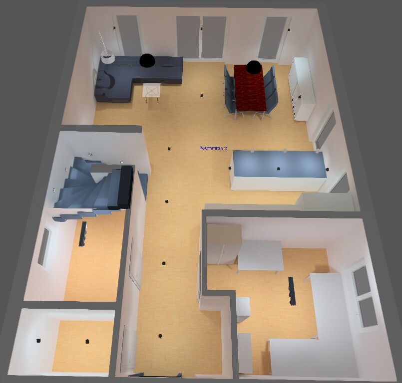 Top view: open living area with kitchen, dining table, staircase.