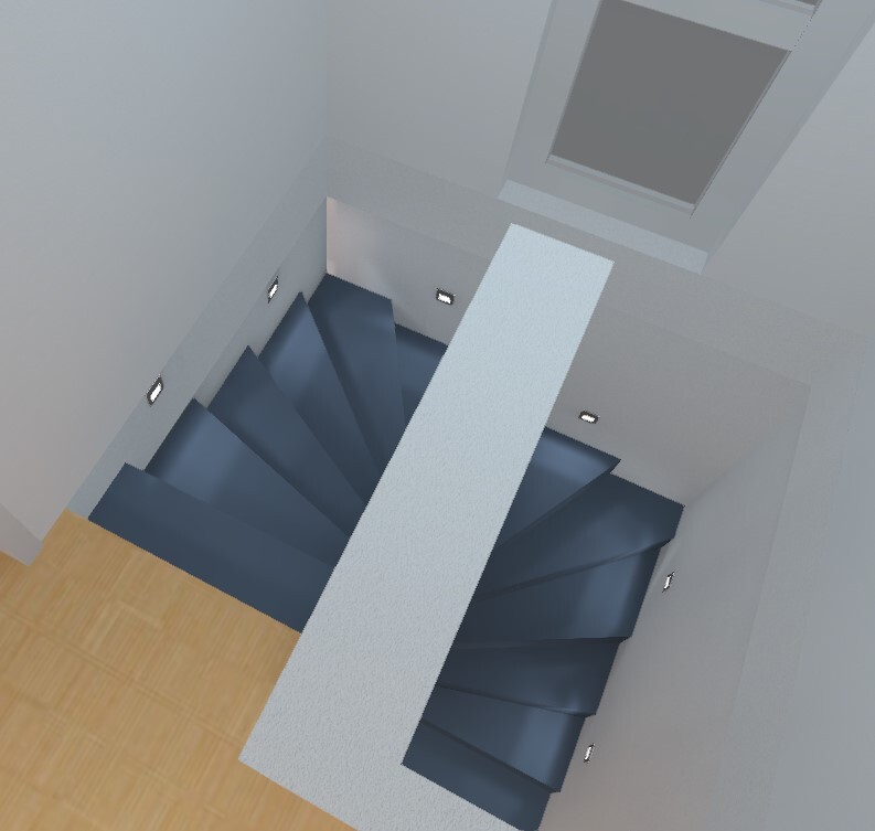 Top view of a U-shaped staircase: blue steps, white landing and walls.
