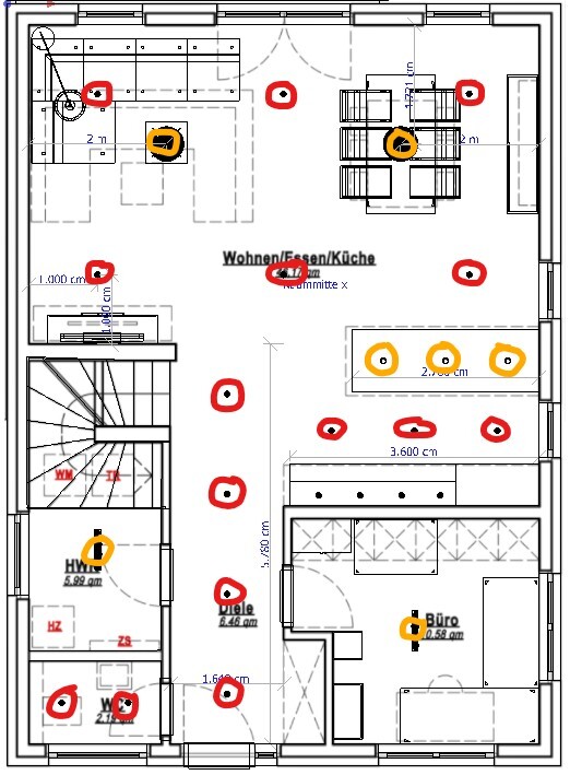Floor plan: open living/dining/kitchen area, stairs, office; red and orange markers.