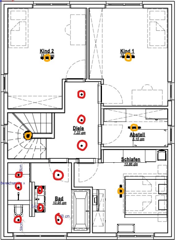 Floor plan of a residential house: hallway, bathroom, bedroom, storage, two children's rooms, staircase.