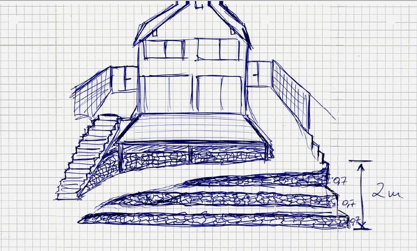 Hand-drawn house sketch with terraces, stairs, and slope steps on graph paper background.