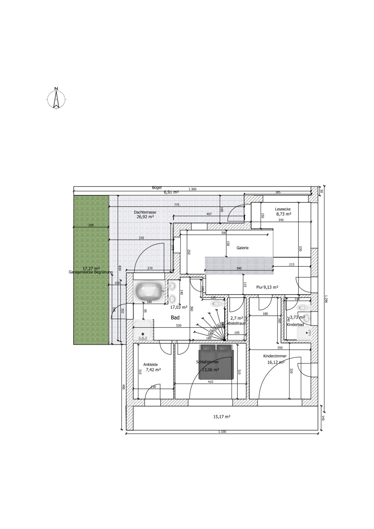 Floor plan of a residential house with roof terrace, bathroom, bedroom, children’s room, hallway, gallery.