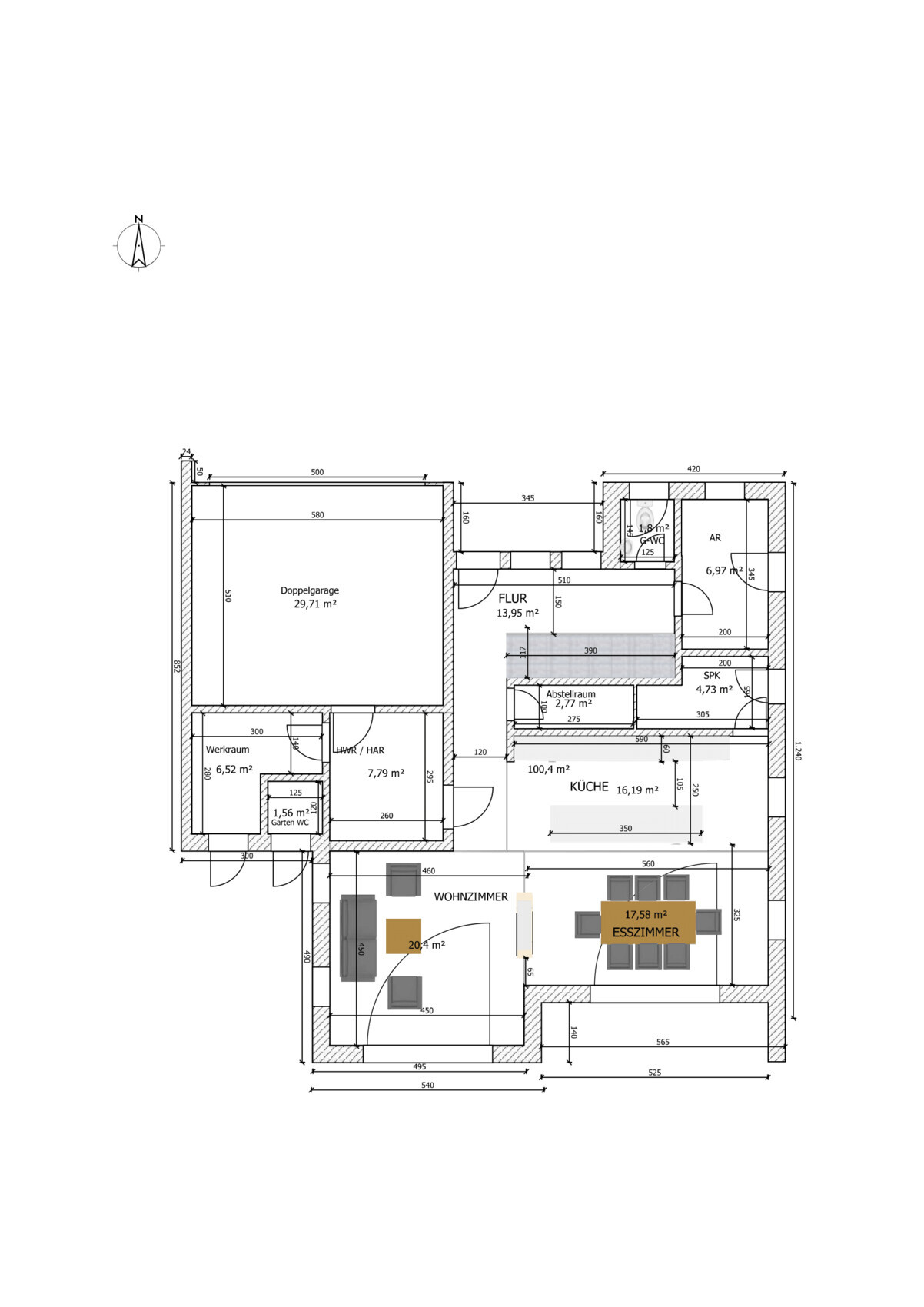 Floor plan of a house with double garage, kitchen, living room, dining room, hallway, and storage room.