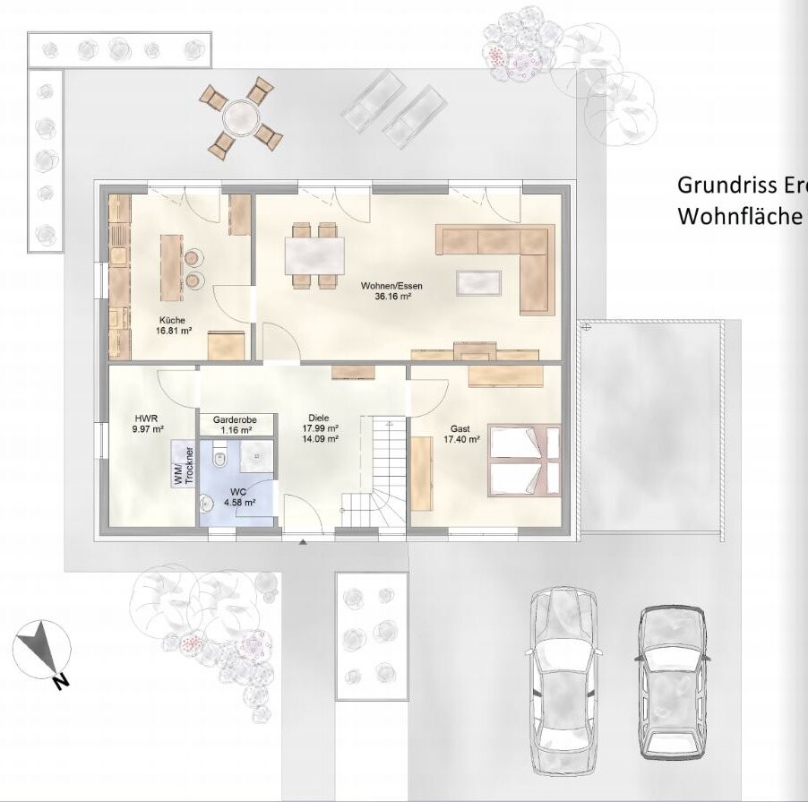 2D floor plan of a house with kitchen, living room, hallway, guest room, WC, and stairs