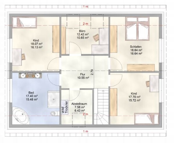 Two-dimensional floor plan of a house with hallway, bedroom, two children’s rooms, and bathroom