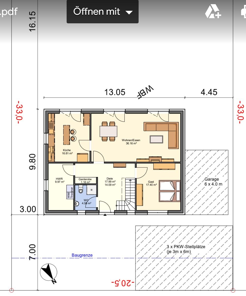 Floor plan of a house: kitchen, living, guest room, hallway, bathroom, utility room, garage.