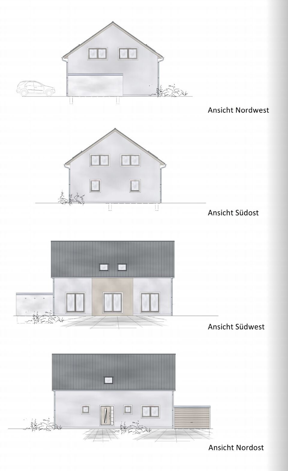 Four views of a two-story house with a pitched roof: NW, southeast, southwest, northeast