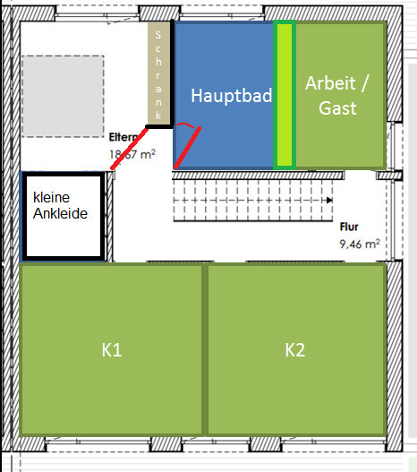 Floor plan: Parents, small walk-in closet, wardrobe; main bathroom, work/guest room, hallway, K1 and K2.