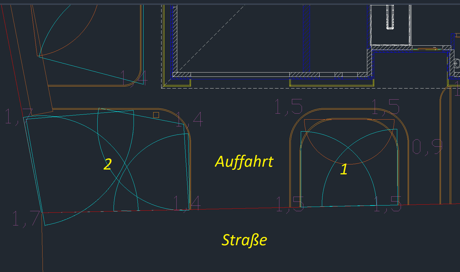CAD drawing: road at bottom, driveway with curves, dimensions and colored lines
